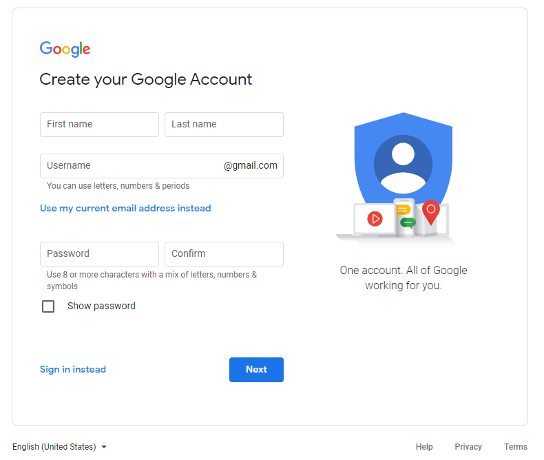 Account Creation Page for Google - Staying Connected