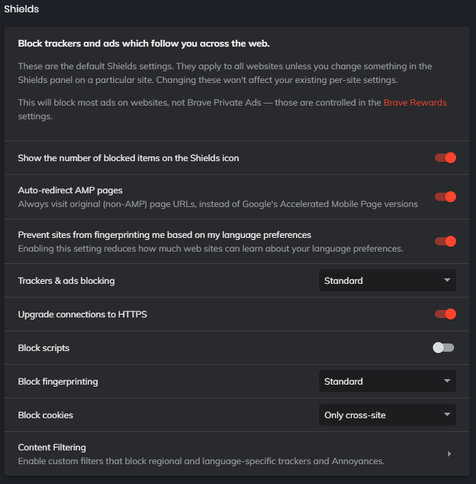 Settings of Brave Shield in Brave Browser
